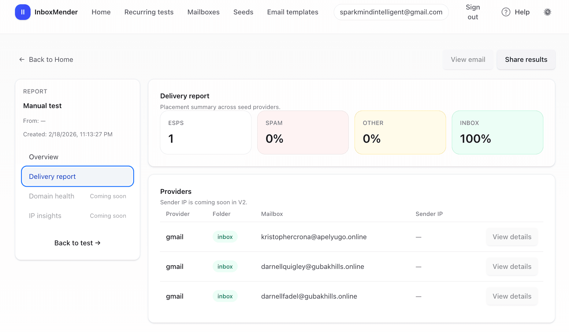 Delivery report screenshot